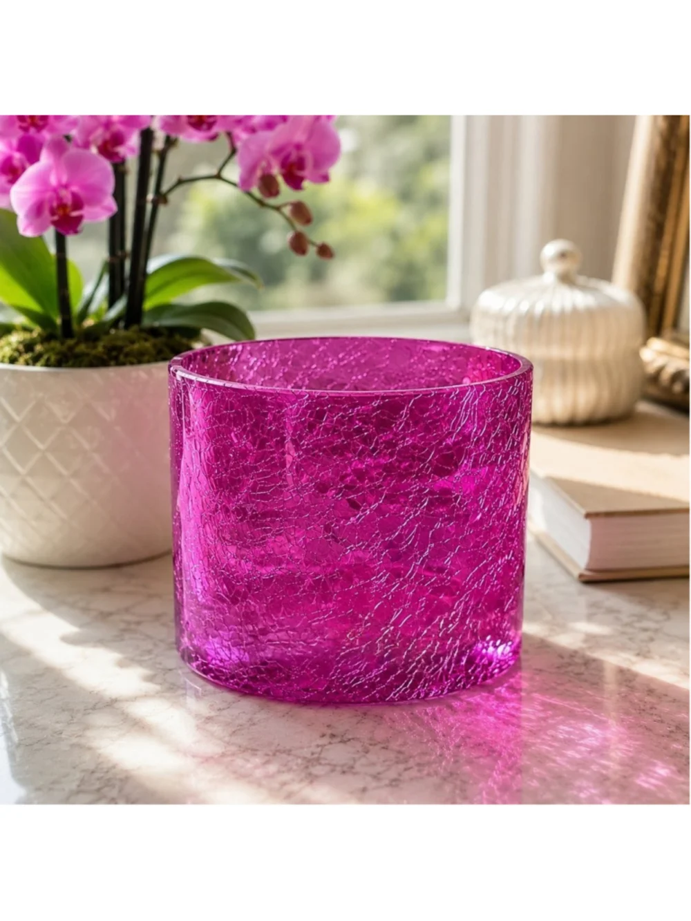 Fuchsia Pink Crackle Glass Orchid Pot Vase 5x5